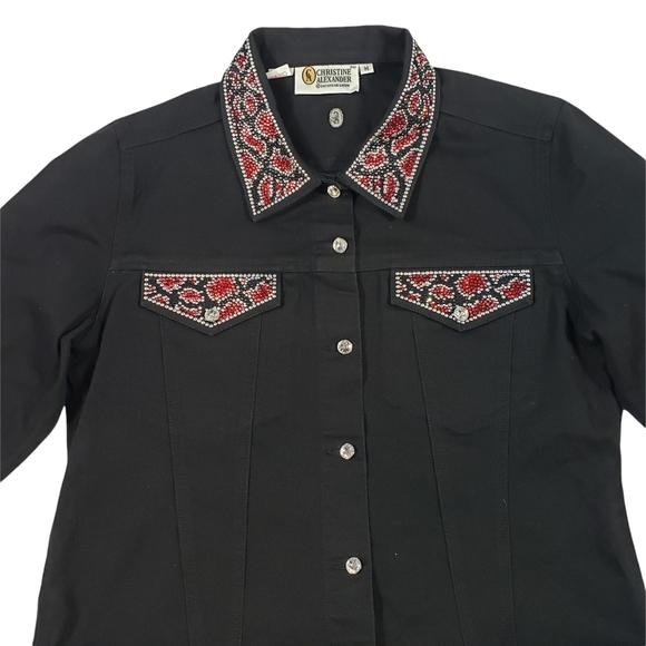 Christine Alexander Black Denim Jacket Sz Medium Swarovski Crystal Western Rodeo - Picture 2 of 14